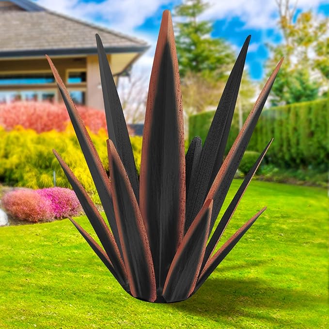 KODIBO 24" Metal Agave Plant Outdoor Decor, Large Garden Sculpture, Black | Outdoor-Resistant, Hand-Painted Metal Plant, Tequila Rustic Sculpture, Desert Steel Yard Art, Mexican Style Garden Decor