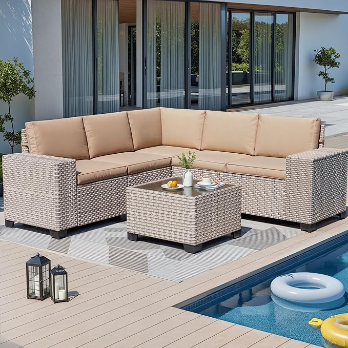 6-Piece Outdoor Patio Furniture Set, Modular Sectional Sofa Set with Glass Coffee Table and Cushions, Wicker Outdoor Couch Conversation Sets, Khaki