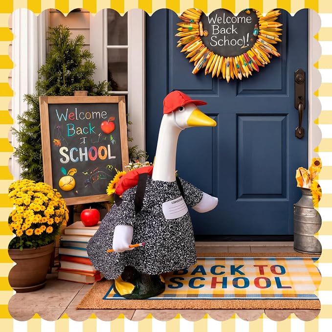 Back to School Porch Goose Outfit First Day of School Composition Notebook Goose Clothes Dress with Red Hat Backpack Pencil Geese Costume for 17-23 Inch Geese Statue Lawn Outdoor Patio Decor