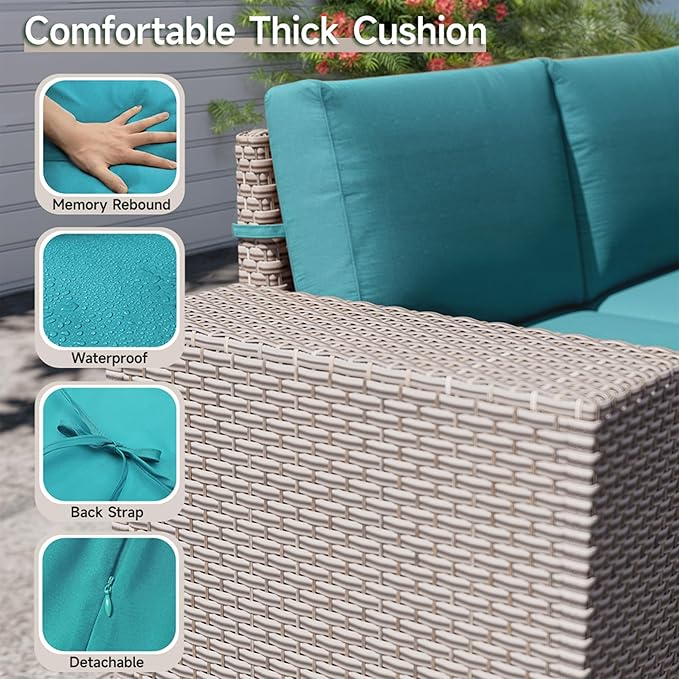 6-Piece Outdoor Patio Furniture Set, Modular Sectional Sofa Set with Glass Coffee Table and Cushions, Wicker Outdoor Couch Conversation Sets, Turquoise