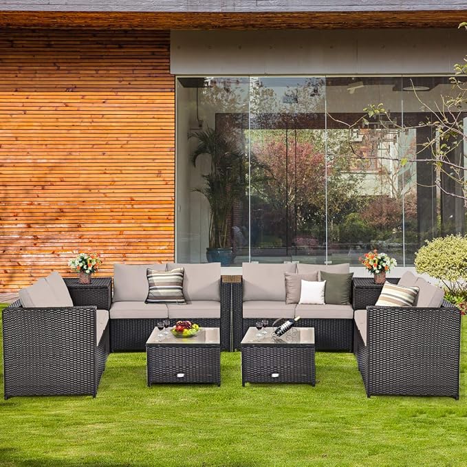 Tangkula 8 Piece Wicker Patio Set with Storage, All Weather-Proof Outdoor Conversation Set, with Loveseat, Glass Top Coffee Table & Storage Box, Suitable for Garden, Poolside, Sunroom (2, Brown)