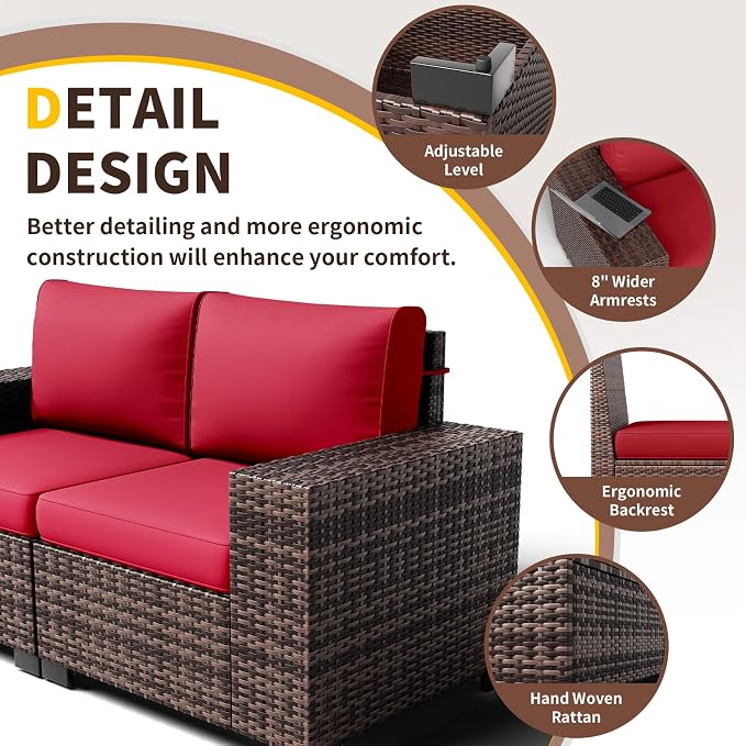Patio Furniture with Fire Pit Table,8‘’ Wide armrest Outdoor Sectional Rattan Sofa Set, Wicker Patio Furniture Sets w/Coffee Table,Thick Cushions and Cover for Porch, Deck, 9 PC(Brown&Wine)