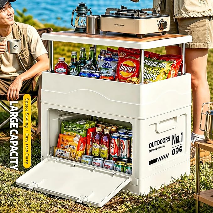 2-in-1 Foldable Outdoor Storage Box with Tabletop Lid, Large Capacity Collapsible Camping Crate, Multi-Use Organizer for Picnic, Home, and Car Trunk