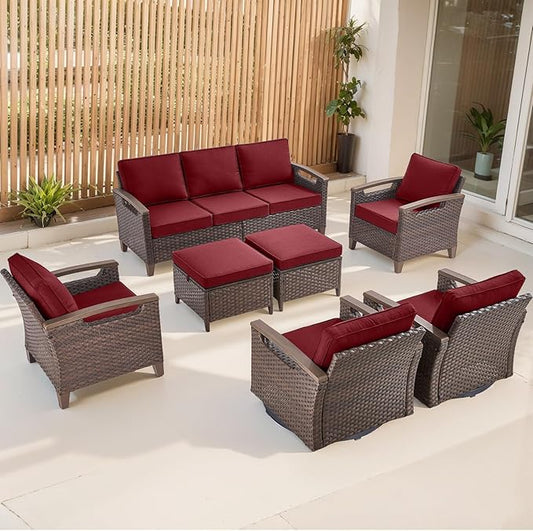 Rilyson Wicker Outdoor Patio Furniture Set - 7 Piece Patio Conversation Sets with Swivel Rocker Chairs, Chairs, Ottomans and Sofa, Thick Cushions, Waterproof Wicker, for Porch Deck Brown/Red