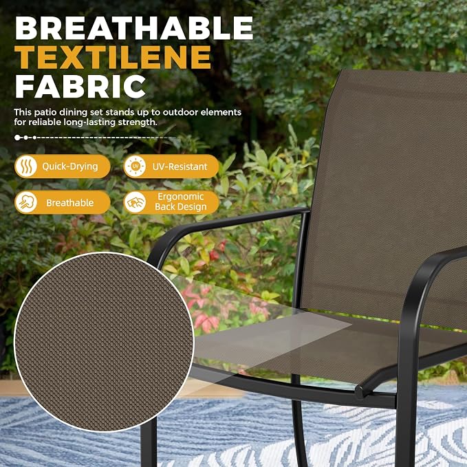 SUNCROWN 6 - Piece Outdoor Dining Set, Patio Furniture Set with 4 Textilene Dinning Chairs, 1 Steel Slat Metal Bistro Table and 1 Sky Blue 9Ft Patio Umbrella for Lawn Garden Backyard Deck, Brown