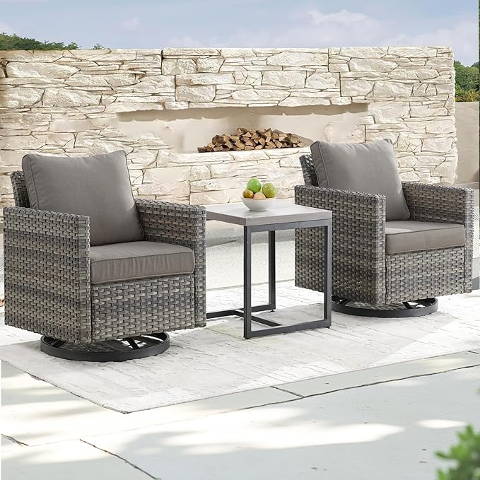 Outdoor Patio Swivel Rocker Chairs - 3 Piece Wicker Patio Furniture Bistro Swivel Rocking Chairs Set with Comfortable Cushions,Sturdy Metal Frame and Side Table for Porch Deck(Mixed Grey/Grey)