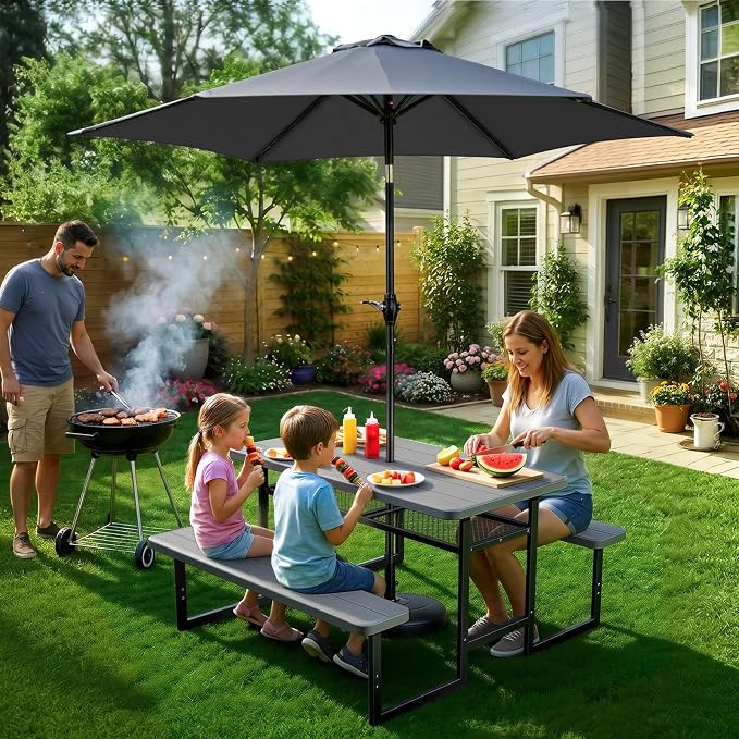 VINGLI 4.5ft Outdoor Picnic Table with Storage Shelf & 7.5 ft Umbrella, Wood Grain HDPE Top with Metal Frame Plastic Picnic Table for Dining Party Garden(Grey Table)