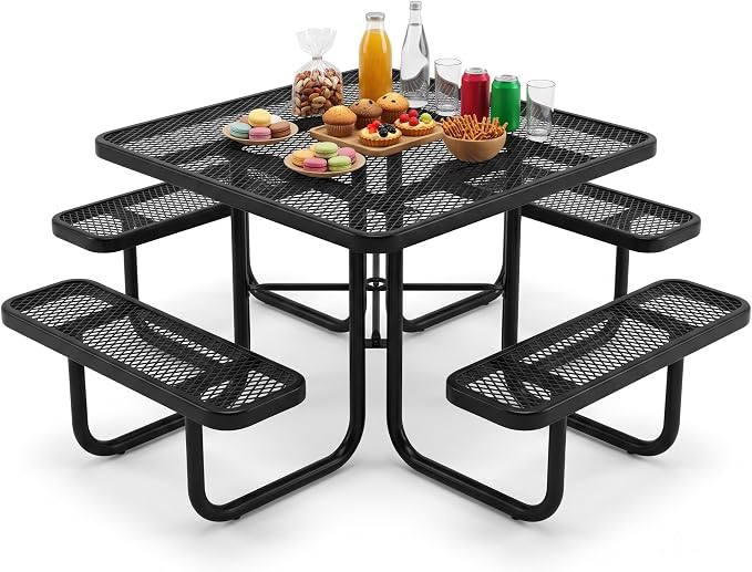 46'' Heavy Duty Outdoor Picnic Table - Commercial Grade Square Steel Picnic Table Set, Umbrella Hole, Rust-Resistant Metal Mesh Tabletop for Patio, Garden, Park, BBQ - Black