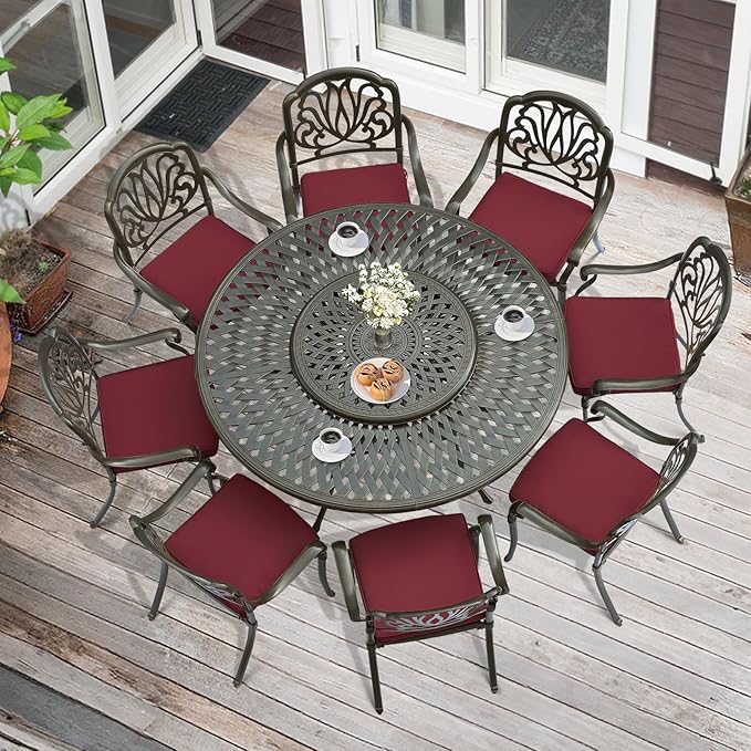 MEETWARM 9-Piece Outdoor Furniture Dining Set, All Weather Cast Aluminum Patio Garden Set- 8 Cushioned Chairs, 61" Round Patio Dining Table with Detachable Lazy Susan, 2" Umbrella Hole, Chili Red