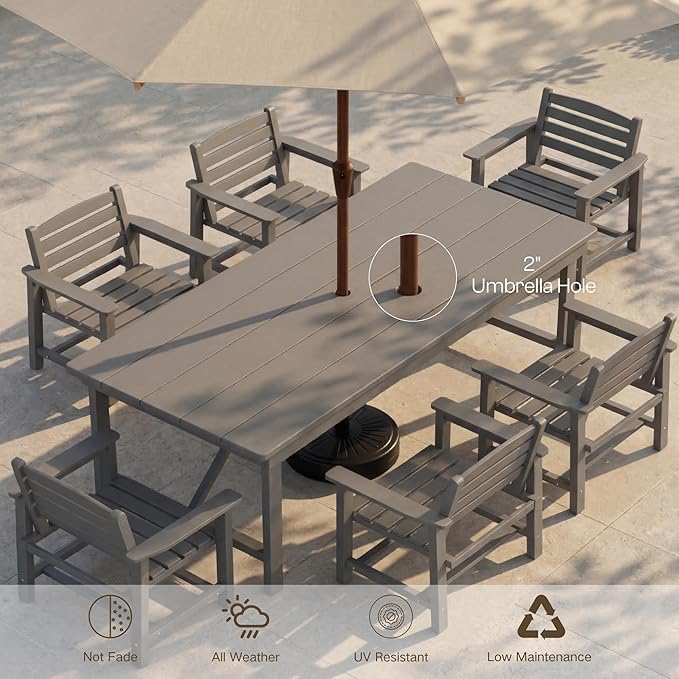 Kingdura 7 Piece Patio Dining Set for 6, HDPE Outdoor Dining Table Set with 2" Umbrella Hole, All Weather Outdoor Furniture, Table and Chairs Set for Backyard Pool Garden Porch, Grey