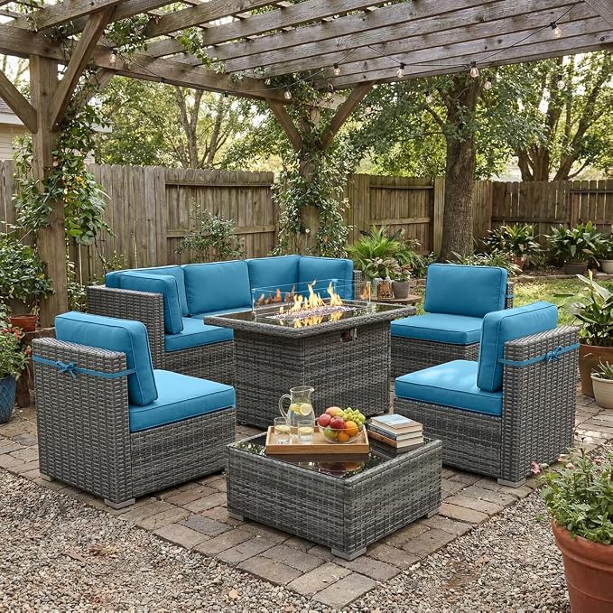 LayinSun 8 Piece Patio Furniture Set with Fire Pit Table, Outdoor Conversation Sets Wicker Rattan Sectional Sofa with Coffee Table