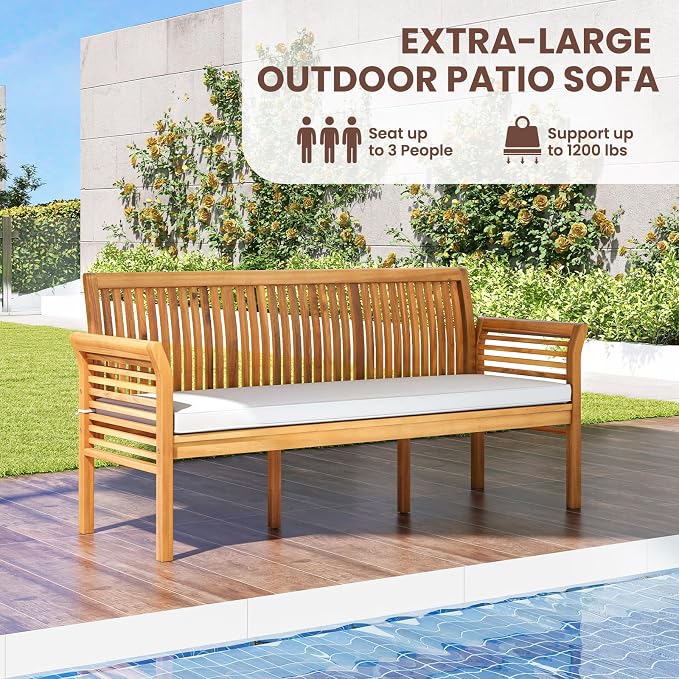 RELAX4LIFE 5-Piece Patio Furniture Set - Acacia Wood Sofa Set w/3-Person Bench, Loveseat, 2 Chairs, Coffee Table & Cushions, Balcony Furniture for Garden Poolside Yard Porch, Outdoor Conversation Set