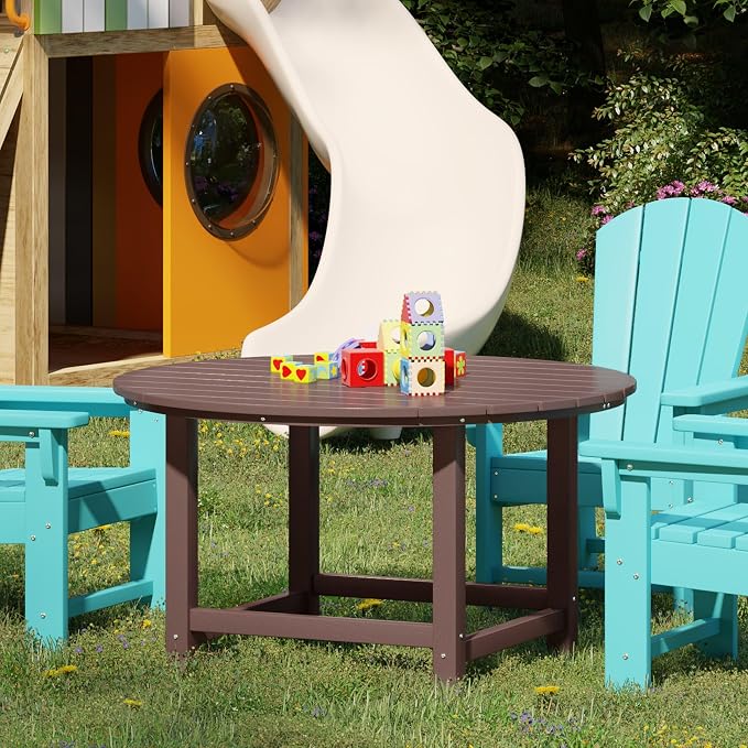 WestinTrends Malibu Kids Outdoor Patio Furniture HDPE 38" Wide Round Dining Table, Dark Brown