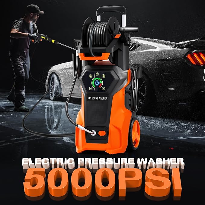 𝟓𝟎𝟎𝟎𝐏𝐒𝐈 𝐏𝐫𝐞𝐬𝐬𝐮𝐫𝐞 𝐖𝐚𝐬𝐡𝐞𝐫 Cleaner, Portable Car Washer with 4 Quick Connect Nozzles, Foam Cannon for Car Driveway Patio Fence (Orange)