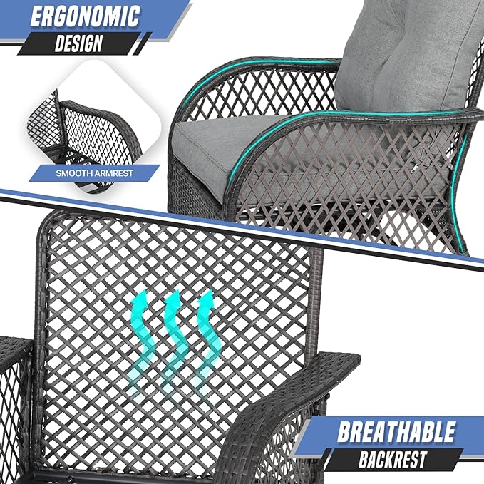 3-Piece Outdoor Patio Swivel Furniture Set, PE Rattan Patio Conversation Set with Tempered Glass Side Table for Home, Yard, Poolside