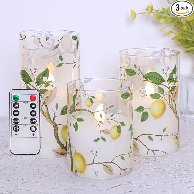 Silverstro Flameless LED Candles with Remote Lemon Decal Glass Flickering Battery Operated Candles for Home Room Party Wedding Holiday Christmas Valentine's Day Decor - Set of 3