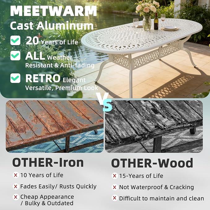 MEETWARM 84"x44" Cast Aluminum Patio Dining Table, Weather-Resistant Large Outdoor Dining Table for 8 Person, Patio Furniture Oval Table with Umbrella Hole and Adjustable Foot Pads, White