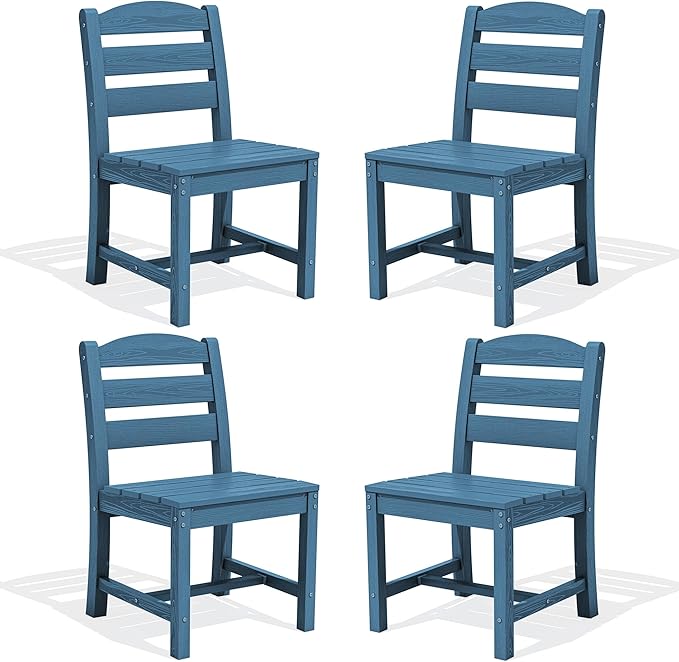 SERWALL Outdoor Armless Dining Chairs Set of 4, All-Weather HDPE Patio Chair with 19.7" Widened Seat, for Backyard, Garden, Blue