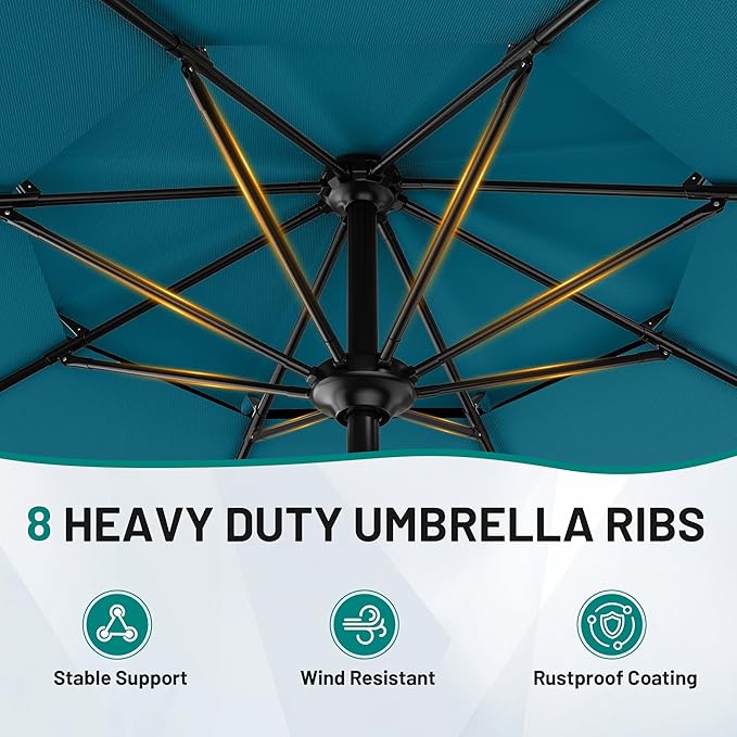 AreShark 12ft 2-Tier Patio Umbrella with Valance - Outdoor Umbrella Waterproof UV Protection, Market Table Umbrella w/ 8 Sturdy Ribs&Crank for Pool, Backyard, Garden(Lake Blue)