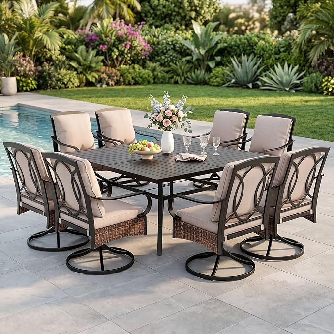 PHI VILLA 9 Piece Outdoor Dining Sets, 57.5" All-Weather Patio Table and Chairs Set for 8, Heavy Duty Patio Table Set Square for Deck, 8 Extra Large Outdoor Swivel Chairs with Thick Cushions