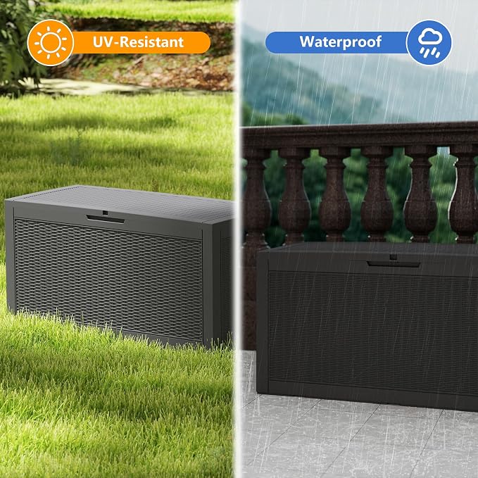 Outdoor Storage Box, 110 Gallon Waterproof Deck Box [Upgraded 3.0], Auto-Open Gas Struts Resin Organizer for Lounger Pillows, Secure Lockable Backyard Storage Bench, Poolside Deck, Black