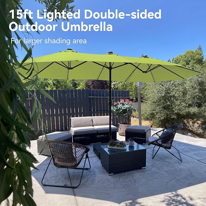 PHI VILLA 15 ft Umbrella Outdoor Patio Solar Lights with Base, Outdoor Double-Sided Large Market Rectangle Umbrellas with 36 LED Lights, Lime Green