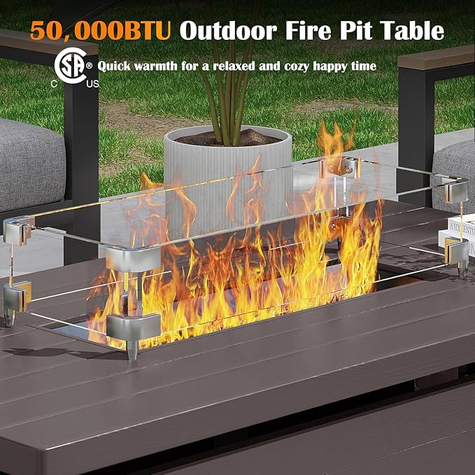 Sundale Outdoor Wicker Patio Furniture Set with Fire Pit, 7 Piece Outdoor Furniture Set with Swivel Chairs, Couch & Ottoman, High Back Patio Conversation Sets with 6" Cushions for Yard, Deck (Blue)