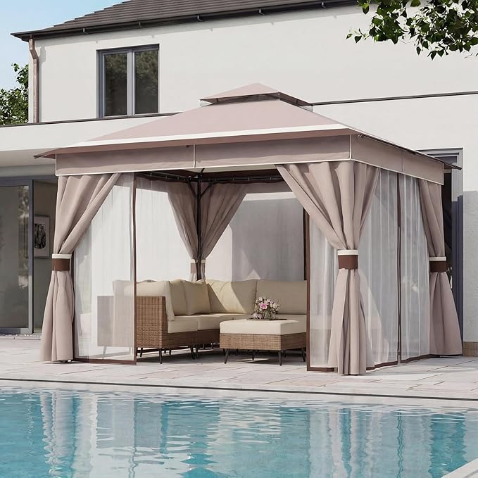 LAUSAINT HOME 12'x12' Outdoor Gazebo, Metal Frame Heavy Duty Patio Canopy Tent Shelter with Double Roofs, Mosquito Nettings and Privacy Screens for Backyard, Garden, Lawn, Classic Khaki