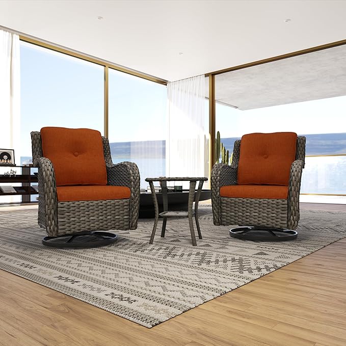 Outdoor Swivel Rocker Patio Chairs Set of 4 with 2 Matching Side Tables - 6 Pieces Patio Wicker Conversation Set with Premium & Soft Fabric Cushions(Mixed Grey/Orange