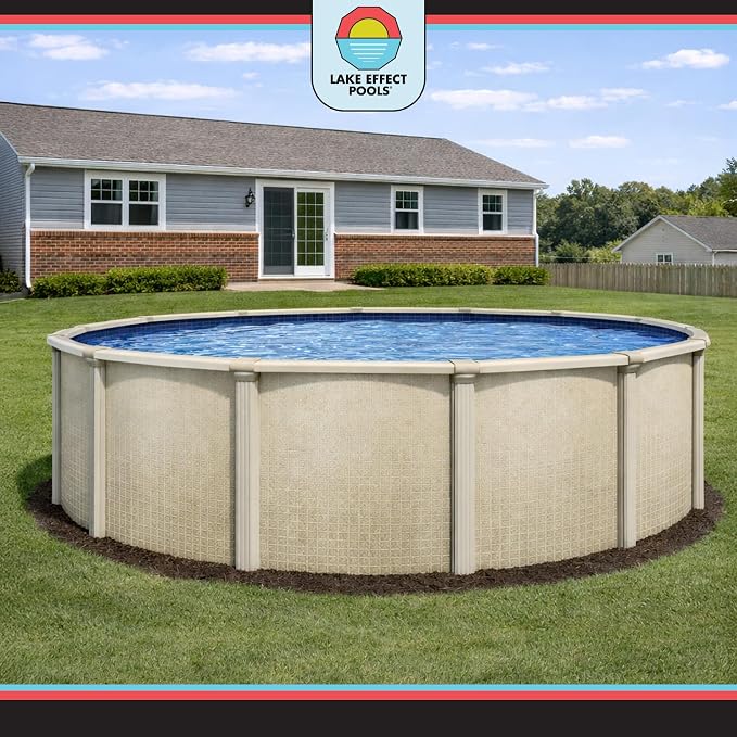 Lake Effect Pools 'Impressions' 24 ft Round Above Ground Swimming Pool Bundle | 48 Inch Height | Steel Sided Walls | Kit Includes: 25 Gauge Liner, A-Frame Ladder, Sand Filter/Pump, & Skimmer