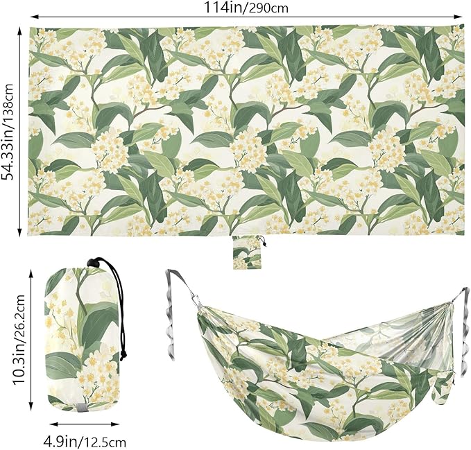 Camping Hammock Outdoor Hammocks for Outside Osmanthus Fragrans Flower Beach Trees Portable Lightweight with Pockets Tree Straps Indoor