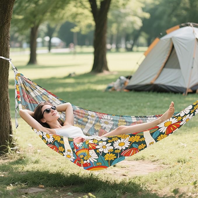 Camping Hammock Outdoor Hammocks for Outside Flowers Mushrooms Rainbows Beach Trees Portable Lightweight with Pockets Tree Straps Indoor