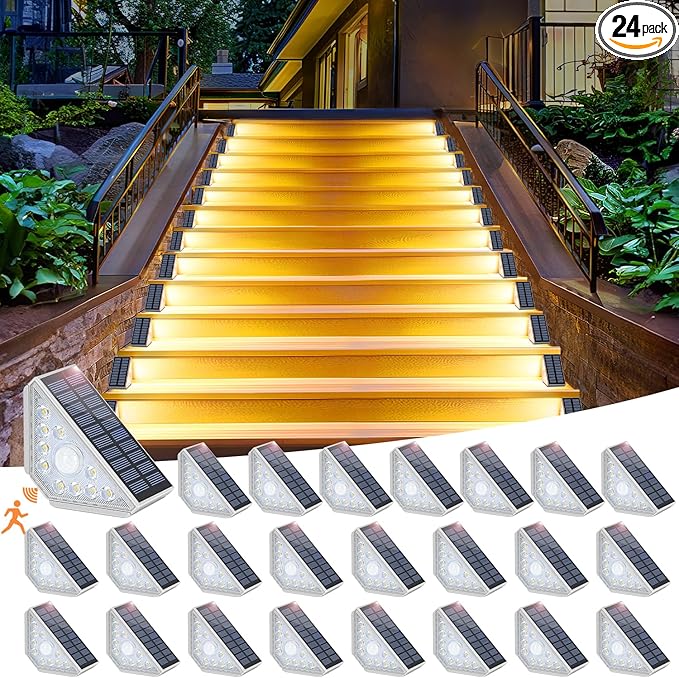 Kondras Motion Sensor Solar Step Lights for Outside, 24-Pack Outdoor Stair Lights Waterproof IP67, Solar Powered LED Outdoor Step Lights Decor for Yard Garden Porch Patio Pathway Deck, Warm White