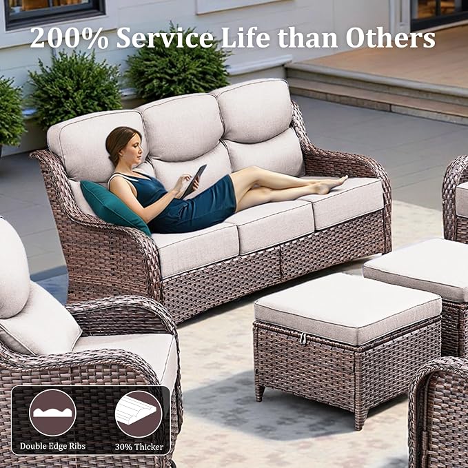 Luxury Patio Furniture Set with 42.5" Fire Pit Table, 10 Pieces High Back All Weather Wicker Outdoor Furniture w/ 6-Inch Thick Cushions, Patio Swivel Chairs Couch for Deck Balcony Backyard Brown/Beige