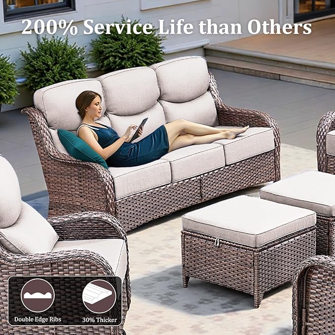 Luxury Patio Furniture Set with 42.5" Fire Pit Table, 8 Pieces High Back All Weather Wicker Outdoor Furniture w/ 6-Inch Thick Cushions, Patio Swivel Chairs Couch for Deck Balcony Backyard Brown/Beige
