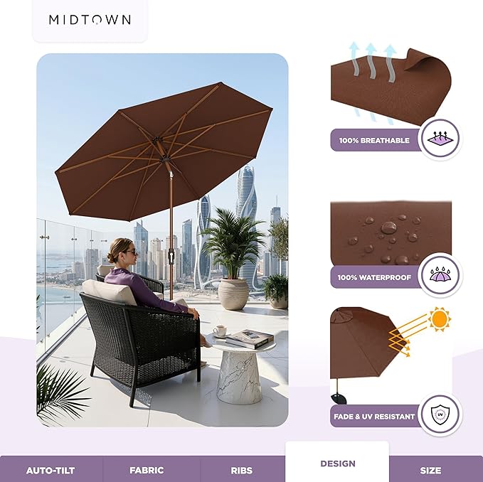Midtown Umbrellas Wooden 2-8 Ft Patio Umbrella with 360° Swivel & Tilt Mechanism, 8 Fiberglass Ribs & Sunbrella Fabric - Outdoor Umbrella for Deck, Pool & Garden - Burgundy Canopy, Wooden Pole