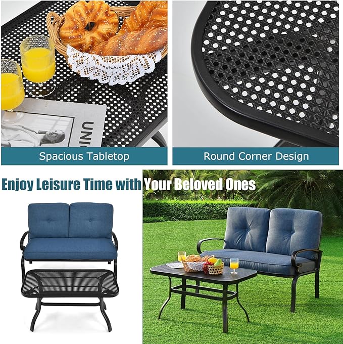 Tangkula Patio Loveseat with Table Set, 2 Seat Cushioned Sofa with Coffee Table, Patio Conversation Sofa Set with Rustproof Frame, 2 Pieces Outdoor Furniture Set for Garden, Poolside, Balcony (Blue)