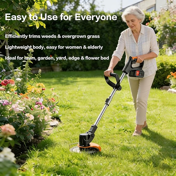 21V Cordless String Trimmer & Edger, 6" Cut, 2 Batteries, 3-Blade System (Plastic/Metal/Saw), Telescopic Pole, 180° Rotating Head – Lightweight Weed Wacker for Lawn, Garden & Yard