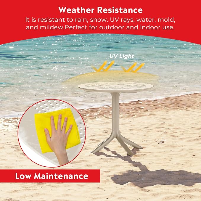 Costaelm Small Patio Table, Outdoor Round Dining Table, Weather Resistant Outside Table for Poolside Deck Lawn Garden Backyard, Sand