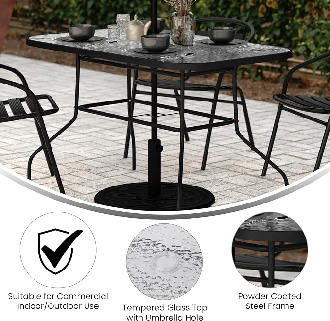 EMMA + OLIVER Tala Rectangle Patio Table with Umbrella Hole, All-Weather Table with Heat Resistant Tempered Glass, Steel Frame, 27.5x47.25, Black