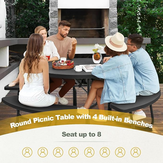 Round Picnic Table for Outdoors, 8 Person Outdoor Picnic Tables & Benches Set with Umbrella Hole, HDPE Tabletop & Metal Frame, 2000 LBS Capacity Table Bench Set for BBQ, Garden, Lawn, Patio