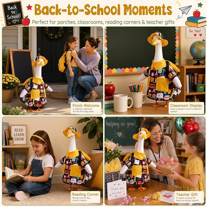 Back to School Porch Goose Outfits for 23" Cement Plastic Geese Statue | Goose Clothes for School Classroom Cement Goose Outdoor Garden Yard Decor