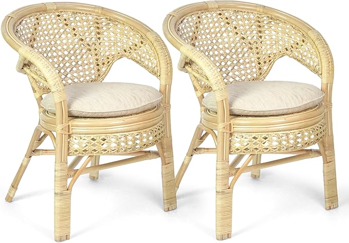 3 Pcs Pelangi Rattan Wicker Dining Set Round Table Glass Top and 2 Arm Chairs with Cream Cushion, Natural Color