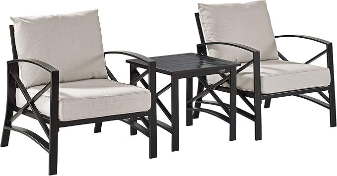 Crosley Furniture Kaplan 3-Piece Outdoor Chair and Side Table Set, Patio Conversation Sets for Porch, Deck, Oiled Bronze with Oatmeal Cushions