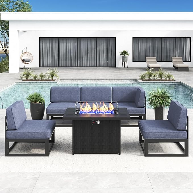 LayinSun Large Aluminum Patio Furniture Set with Fire Pit Table, 6 Pieces Modern Outdoor Conversation Set Sectional Metal Sofa Set with Olefin Cushion