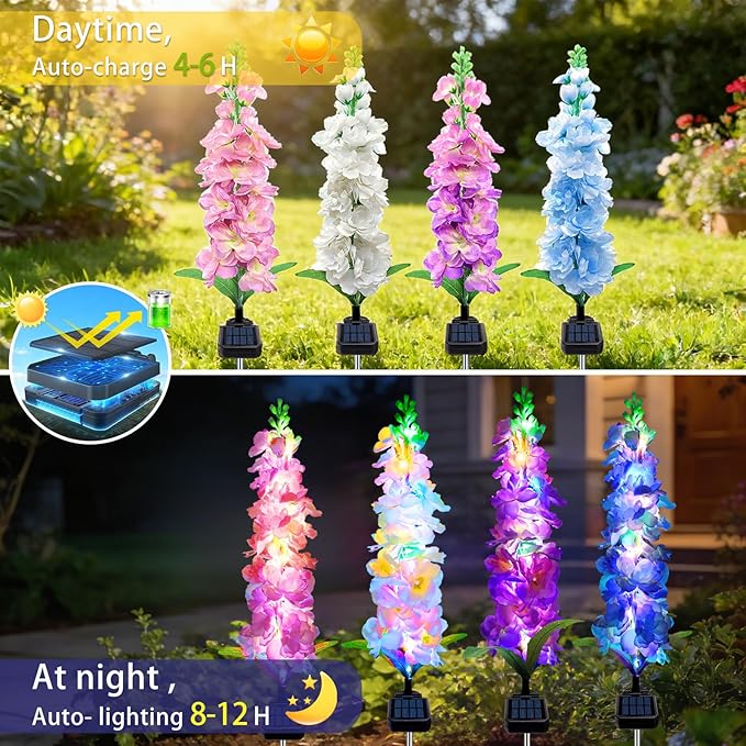 MRHEPHAESTUS Solar Garden Lights, Solar Delphinium Flowers Lights 4 Pack 80 LEDs, Waterproof Outdoor Light Two Lighting Modes for Outside Wedding Party Garden Yard Patio Lawn Decor