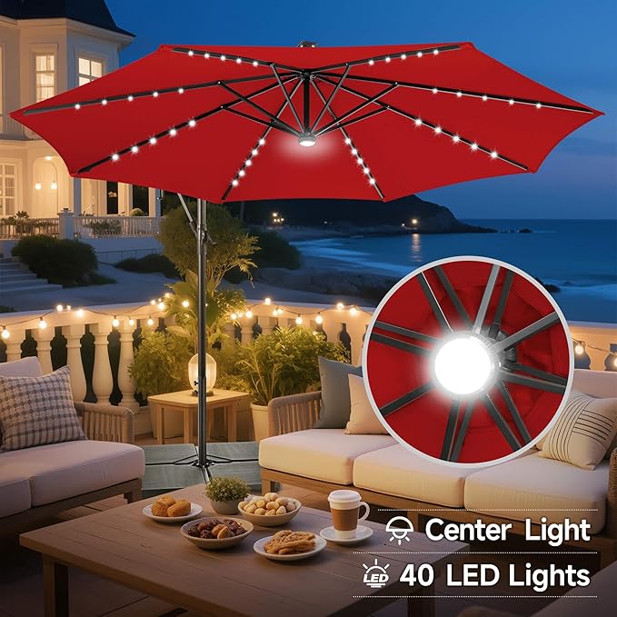 FLAME&SHADE 10ft Solar Cantilever Umbrella with 40 LED Lights, Lighted Large Offset Outdoor Patio Umbrellas, 8 Sturdy Ribs, UPF50+ UV Protection for Pool Deck Garden Yard, Red