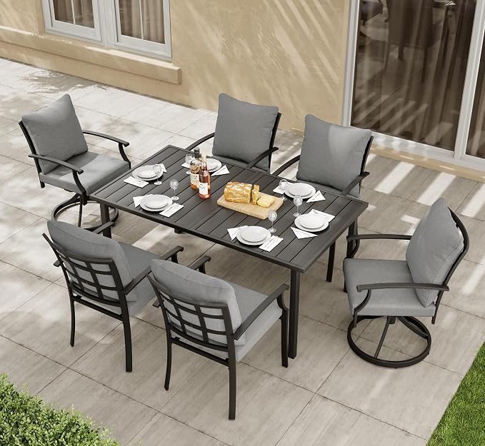 HAPPATIO 7-Piece Patio Dining Set, Outdoor Dining Set with Powder-Coated Metal,Dining Table with Umbrella Hole, 4 Stackable Chairs 2 Swivel Chairs with Removable Cushions for Porch Pool Garden,Grey