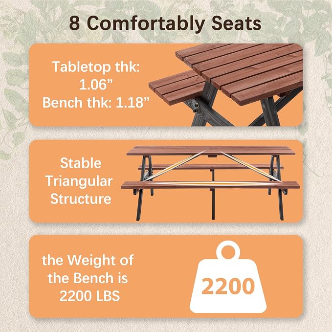 75" Solid Wood Picnic Table, 8-Person Capacity Outdoor Wooden Picnic Tables with Umbrella Hole, 2200-pound Weight Capacity Ideal for backyards, lawns, and barbecues