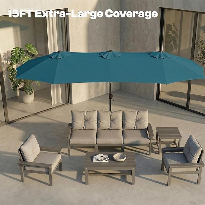 15FT Large Outdoor Patio Umbrella with Solar Lights and Base, Double-Sided Table Umbrellas with 48 LED Lights, Rectangle Market Umbrella for Pool, Deck, Backyard